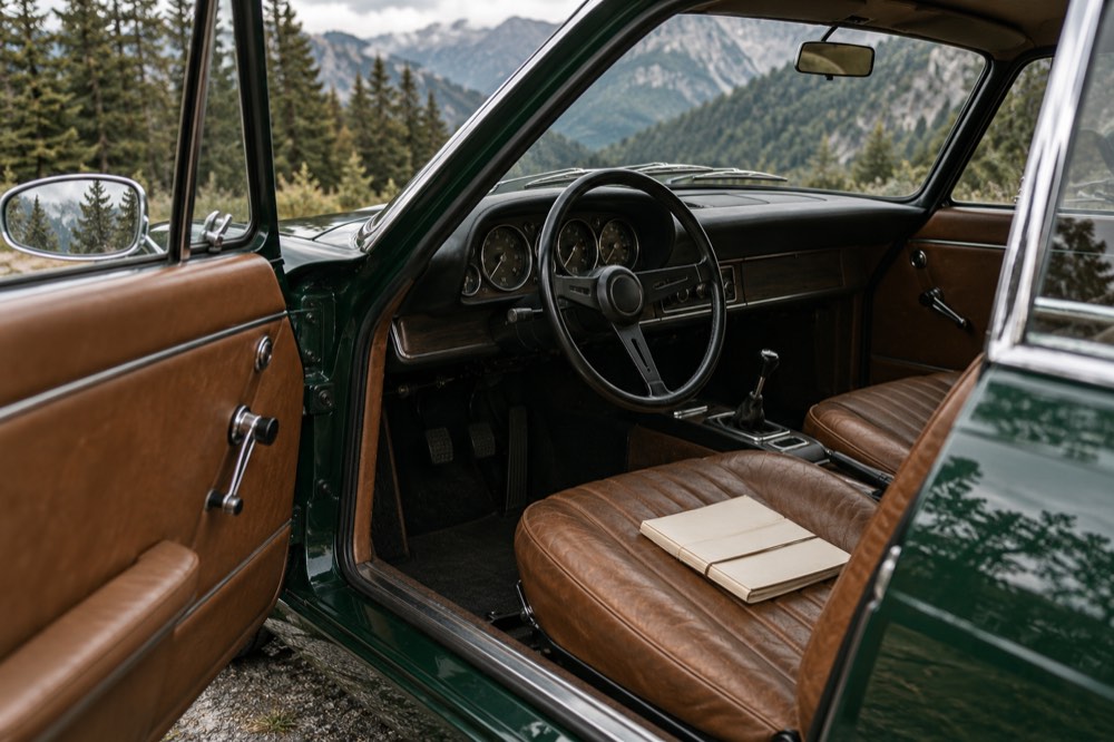 Interior conceptual de un deportivo con cuero marrón y un cuaderno preparado para la ruta
