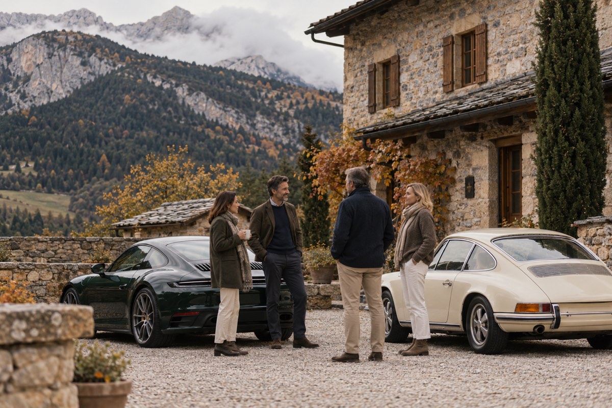 Escena conceptual de cuatro amigos conversando junto a dos coches en una casa de montaña
